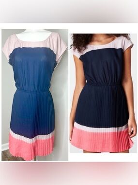 AMERICAN EAGLE OUTFITTERS PINK BLUE  COLORBLOCK PLEATED DRESS- LARGE